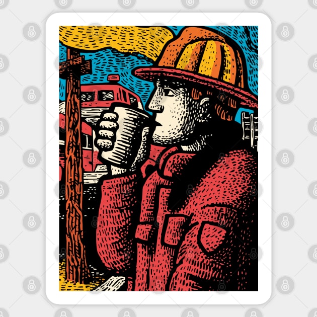 Vintage Firefighter Coffee Break | Woodcut Style Hero Sticker by TuncGK